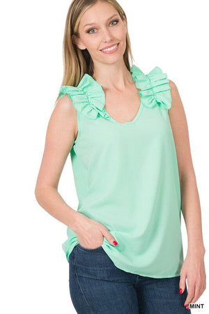 WOVEN WOOL DOBBY RUFFLE TRIM SLEEVELESS TOP ZENANA 