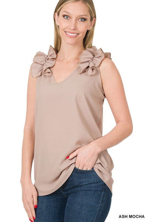 WOVEN WOOL DOBBY RUFFLE TRIM SLEEVELESS TOP ZENANA 