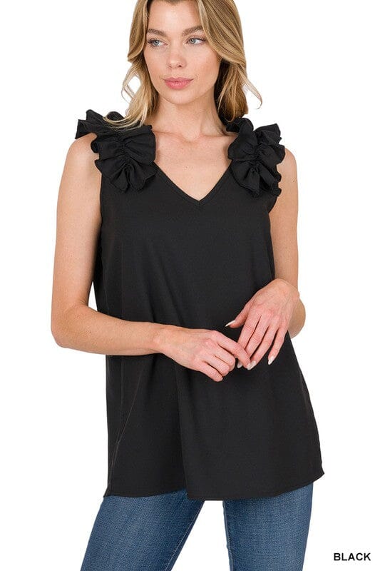 WOVEN WOOL DOBBY RUFFLE TRIM SLEEVELESS TOP ZENANA BLACK S 