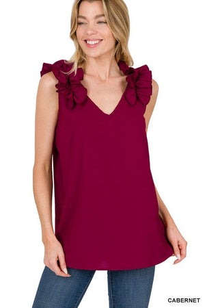 WOVEN WOOL DOBBY RUFFLE TRIM SLEEVELESS TOP ZENANA CABERNET S 