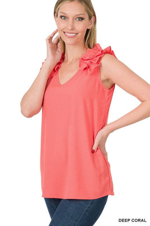 WOVEN WOOL DOBBY RUFFLE TRIM SLEEVELESS TOP ZENANA DEEP CORAL S 