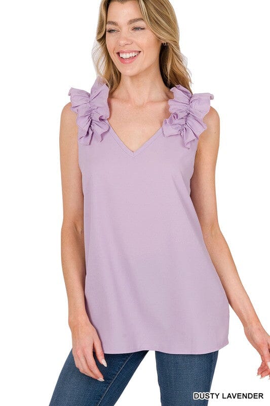 WOVEN WOOL DOBBY RUFFLE TRIM SLEEVELESS TOP ZENANA DUSTY LAVENDER S 