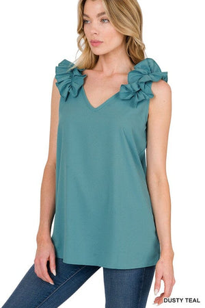 WOVEN WOOL DOBBY RUFFLE TRIM SLEEVELESS TOP ZENANA DUSTY TEAL S 