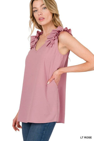 WOVEN WOOL DOBBY RUFFLE TRIM SLEEVELESS TOP ZENANA LT ROSE S 