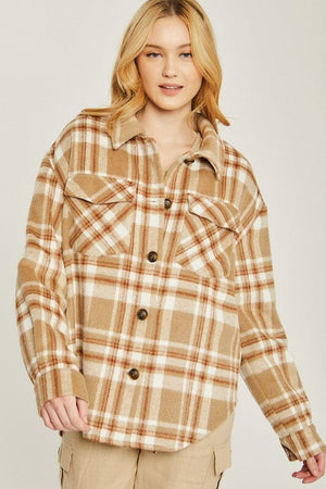 Woven Yarn Dye Long Sleeve Shacket Love Tree CAMEL S 