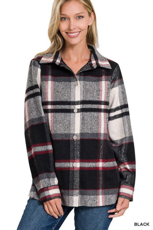 YARN DYED PLAID SHACKET ZENANA BLACK S 