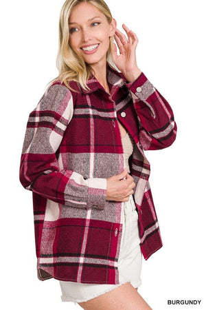 YARN DYED PLAID SHACKET ZENANA BURGUNDY S 