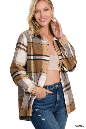 YARN DYED PLAID SHACKET ZENANA CAMEL S 