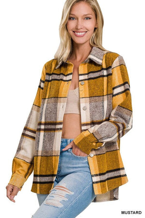 YARN DYED PLAID SHACKET ZENANA MUSTARD S 