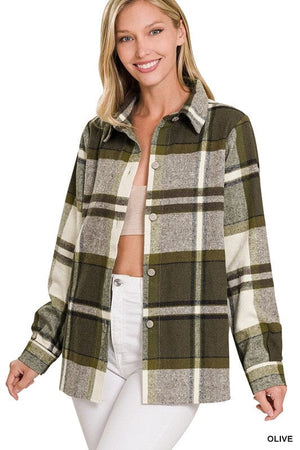 YARN DYED PLAID SHACKET ZENANA OLIVE S 